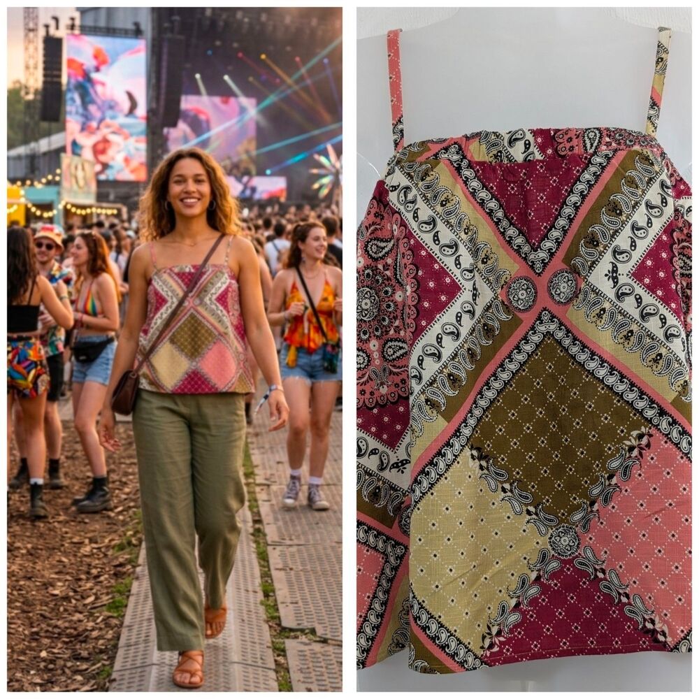 New Paper Heart Aus XL Bandana Print Tank Linen Blend Boho Festival Vacation